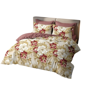 Pościel 160x200 bawełna beżowe i bordowe kwiaty PK783 z prześcieradłem